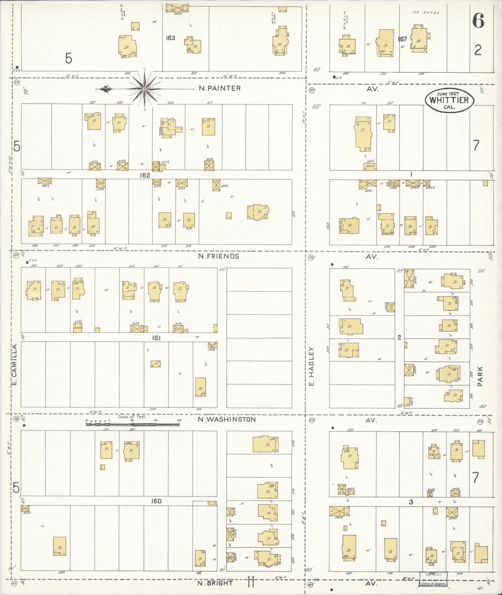 Sanborn Fire Insurance Map from Whittier, Los Angeles County, California (1907), Sheet #0006 - Complete Map Set gallery image, historic Sanborn map, vintage wall art, California California
