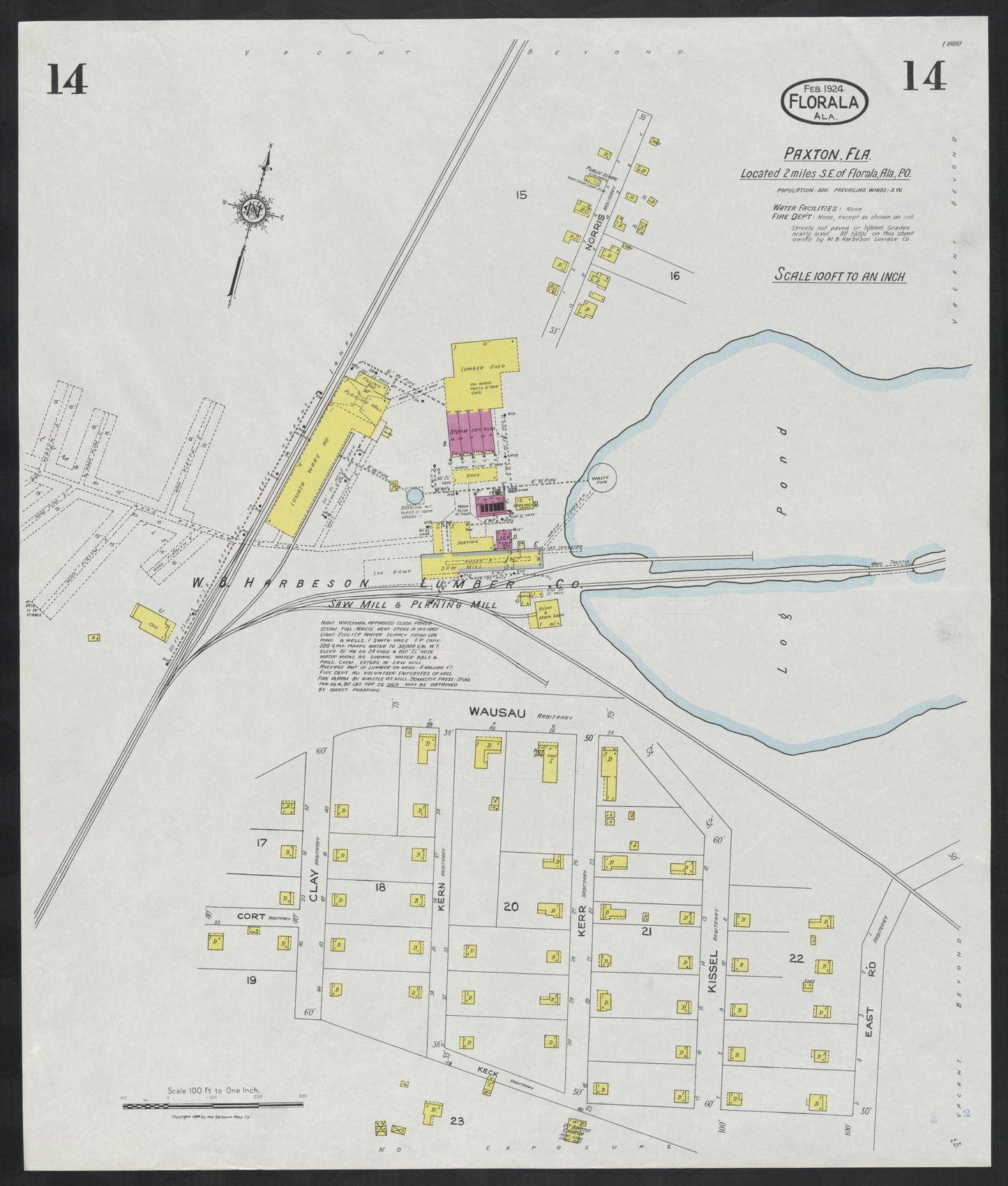 Sanborn Fire Insurance Map from Florala, Covington County, Alabama (1924), Sheet #0014 - Historic Sanborn Fire Insurance Map Print, vintage old map wall art, antique decor, genealogy gift, Alabama Alabama map