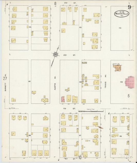 Sanborn Fire Insurance Map from Wichita Falls, Wichita County, Texas (1912), Sheet #0009 - Historic Sanborn Fire Insurance Map Print, vintage old map wall art, antique decor, genealogy gift, Texas Texas map