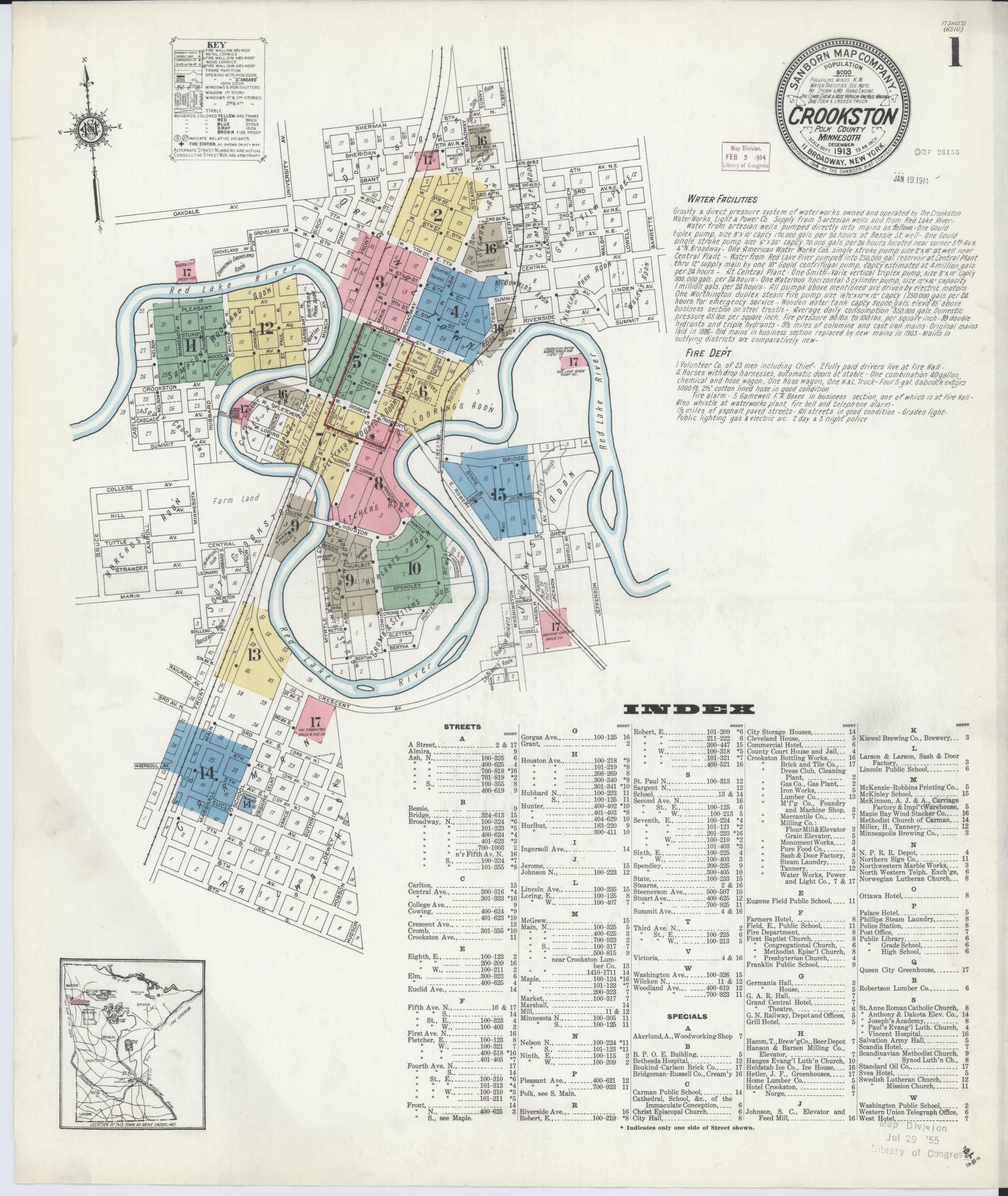 Sanborn Fire Insurance Map from Crookston, Polk County, Minnesota (1913), Sheet #0001 - Complete Map Set gallery image, historic Sanborn map, vintage wall art, Minnesota Minnesota
