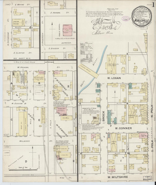 Sanborn Fire Insurance Map from Noblesville, Hamilton County, Indiana (1887), Sheet #0001 - Historic Sanborn Fire Insurance Map Print, vintage old map wall art, antique decor, genealogy gift, Indiana Indiana map