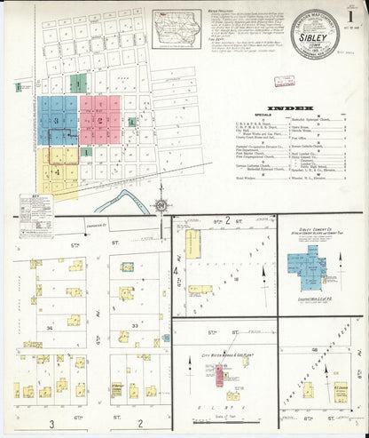 Sanborn Fire Insurance Map from Sibley, Osceola County, Iowa (1913), Sheet #0001 - Historic Sanborn Fire Insurance Map Print, vintage old map wall art