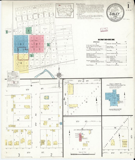Sanborn Fire Insurance Map from Sibley, Osceola County, Iowa (1913), Sheet #0001 - Historic Sanborn Fire Insurance Map Print, vintage old map wall art