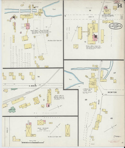 Sanborn Fire Insurance Map from Gardner, Worcester County, Massachusetts (1895), Sheet #0014 - Historic Sanborn Fire Insurance Map Print, vintage old map wall art, antique decor, genealogy gift, Massachusetts Massachusetts map
