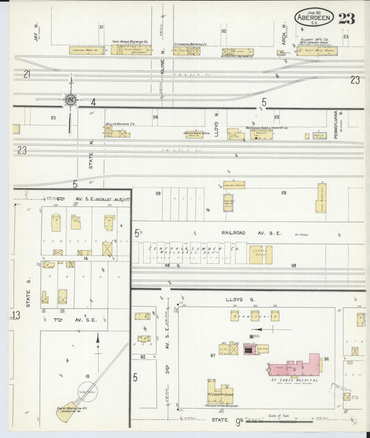 Sanborn Fire Insurance Map from Aberdeen, Brown County, South Dakota (1912), Sheet #0023 - Historic Sanborn Fire Insurance Map Print, vintage old map wall art, antique decor, genealogy gift, South Dakota South Dakota map