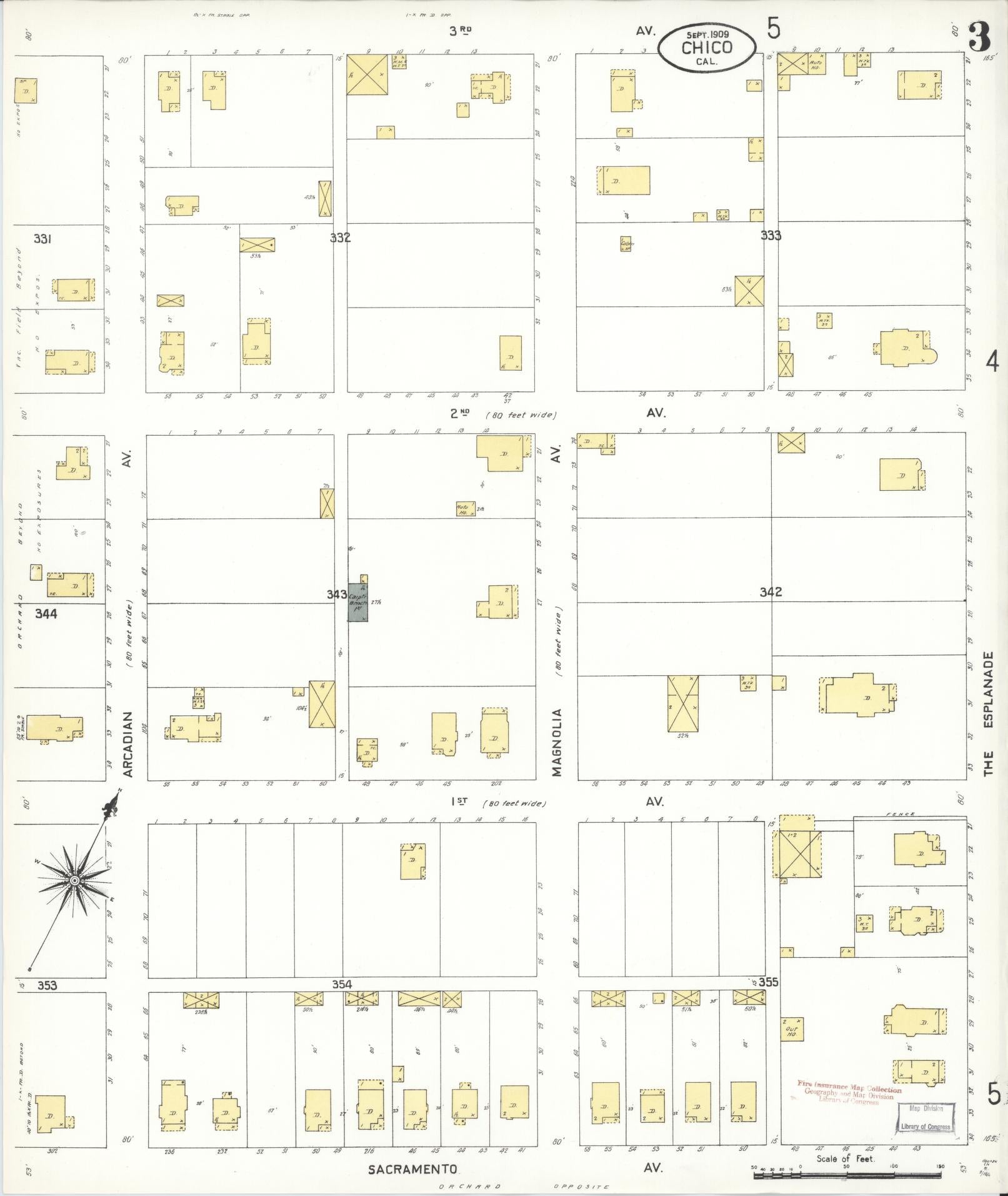 Sanborn Fire Insurance Map from Chico, Butte County, California (1909), Sheet #0003 - Complete Map Set gallery image, historic Sanborn map, vintage wall art, California California