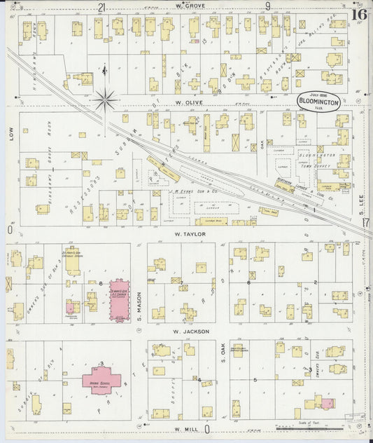 Sanborn Fire Insurance Map from Bloomington, McLean County, Illinois (1896), Sheet #0016 - Historic Sanborn Fire Insurance Map Print, vintage old map wall art, antique decor, genealogy gift, Illinois Illinois map
