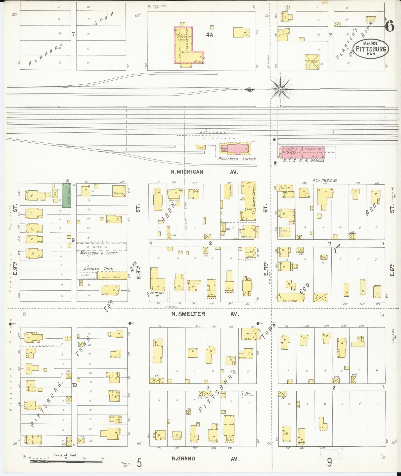 Sanborn Fire Insurance Map from Pittsburg, Crawford County, Kansas (1902), Sheet #0006 - Complete Map Set gallery image, historic Sanborn map, vintage wall art, Kansas Kansas