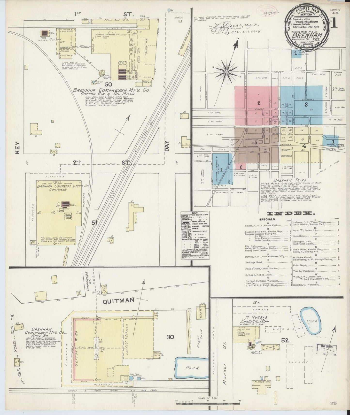 Sanborn Fire Insurance Map from Brenham, Washington County, Texas (1891), Sheet #0001 - Historic Sanborn Fire Insurance Map Print, vintage old map wall art, antique decor, genealogy gift, Texas Texas map