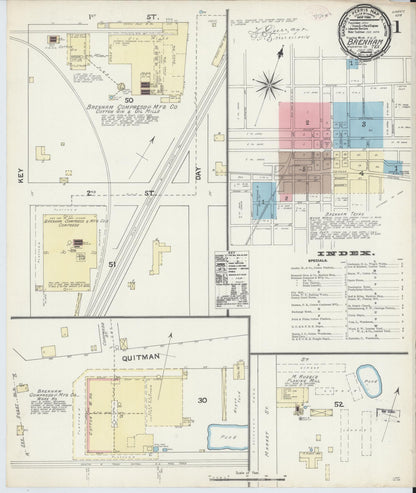 Sanborn Fire Insurance Map from Brenham, Washington County, Texas (1891), Sheet #0001 - Historic Sanborn Fire Insurance Map Print, vintage old map wall art, antique decor, genealogy gift, Texas Texas map