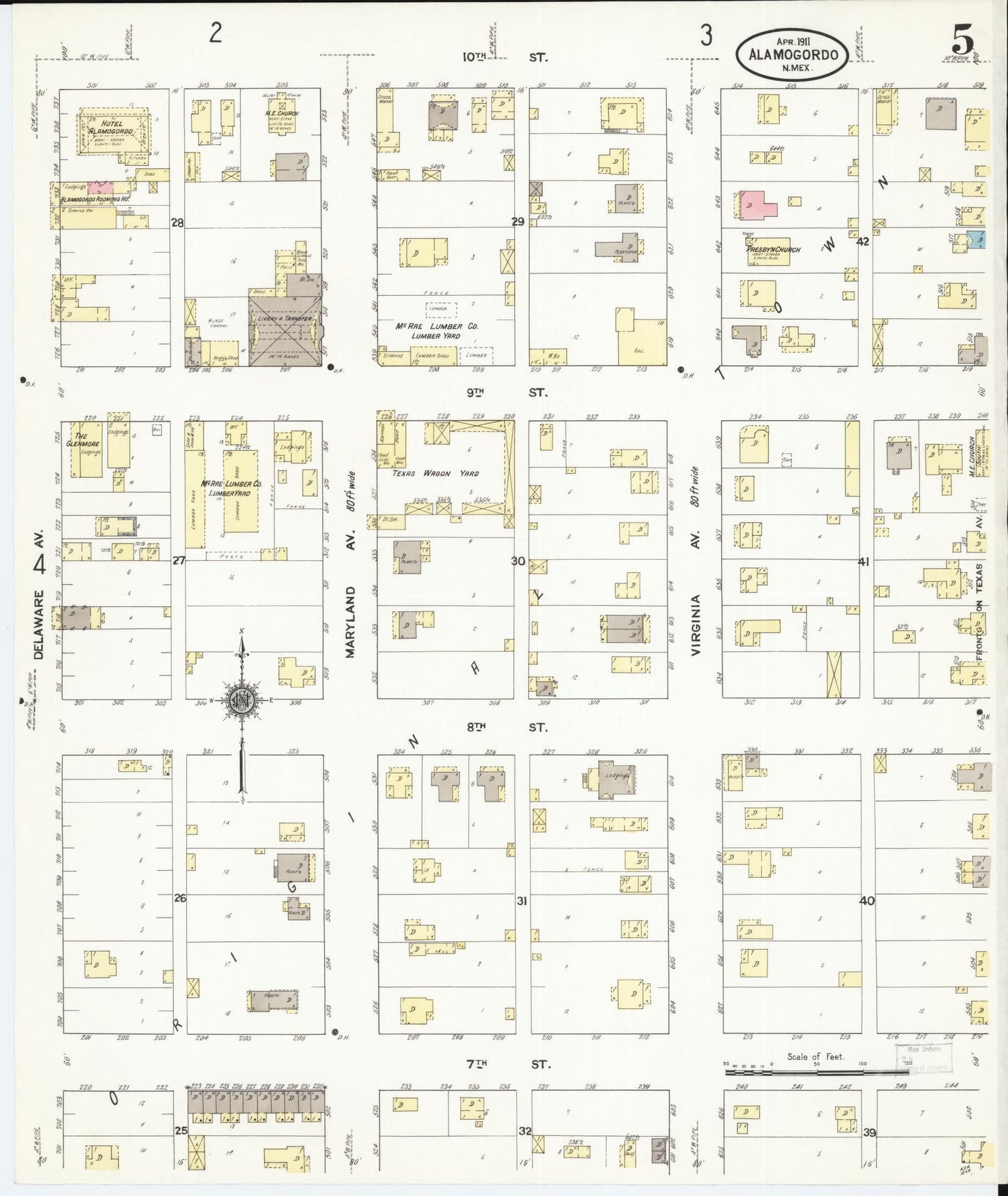 Sanborn Fire Insurance Map from Alamogordo, Otero County, New Mexico (1911), Sheet #0005 - Historic Sanborn Fire Insurance Map Print, vintage old map wall art, antique decor, genealogy gift, New Mexico New Mexico map