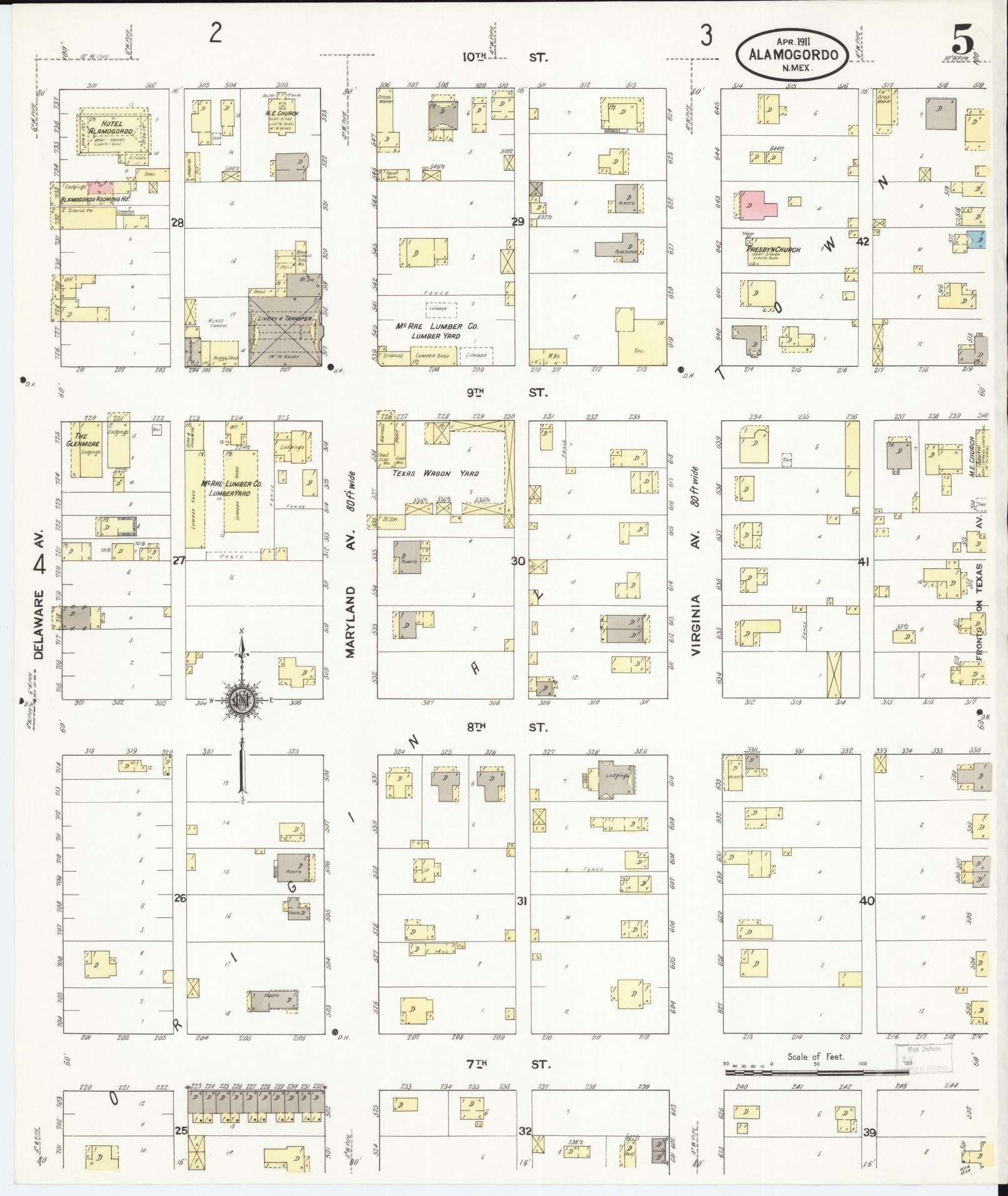 Sanborn Fire Insurance Map from Alamogordo, Otero County, New Mexico (1911), Sheet #0005 - Historic Sanborn Fire Insurance Map Print, vintage old map wall art, antique decor, genealogy gift, New Mexico New Mexico map