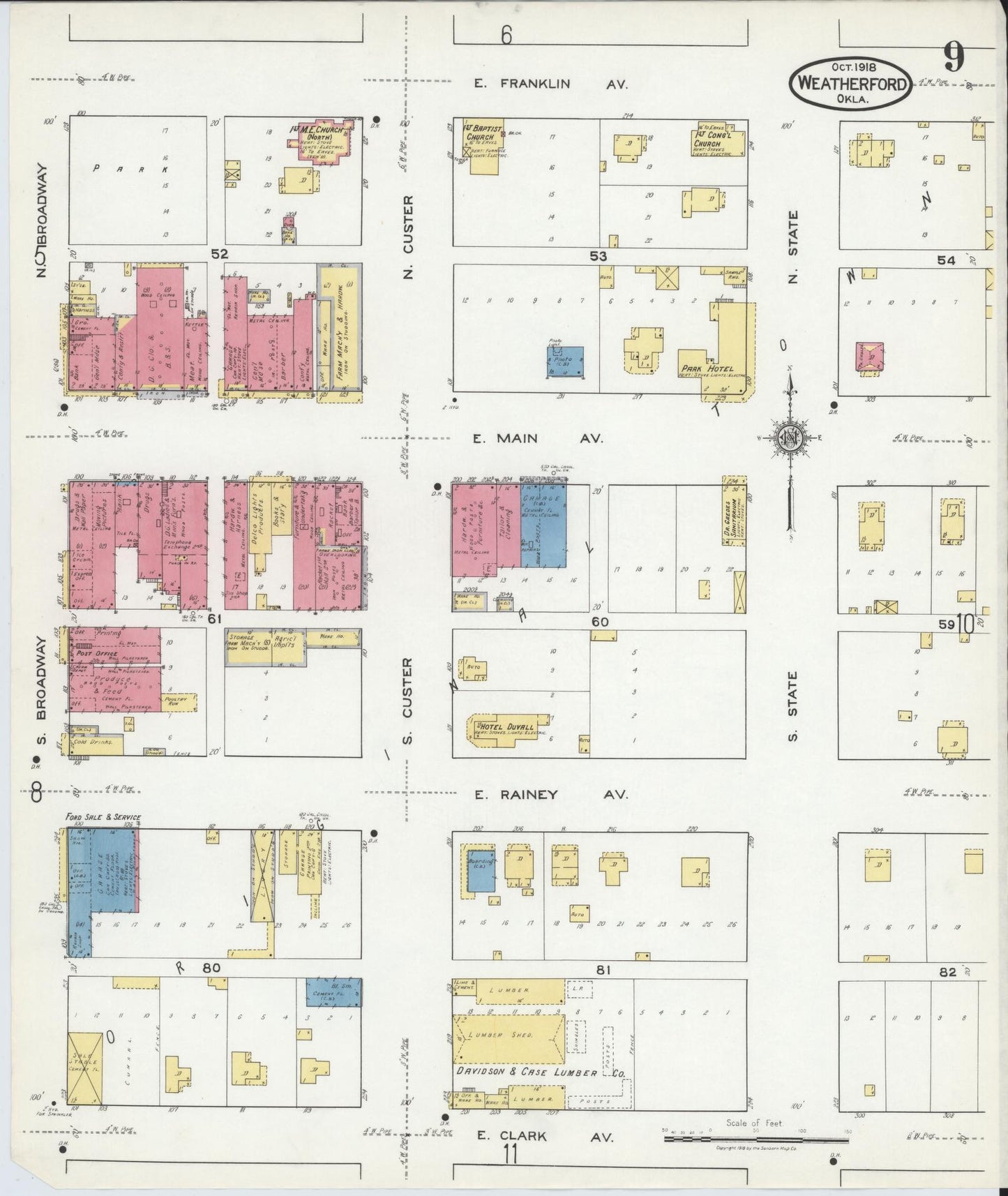 Sanborn Fire Insurance Map from Weatherford, Custer County, Oklahoma (1918), Sheet #0009 - Historic Sanborn Fire Insurance Map Print, vintage old map wall art, antique decor, genealogy gift, Oklahoma Oklahoma map
