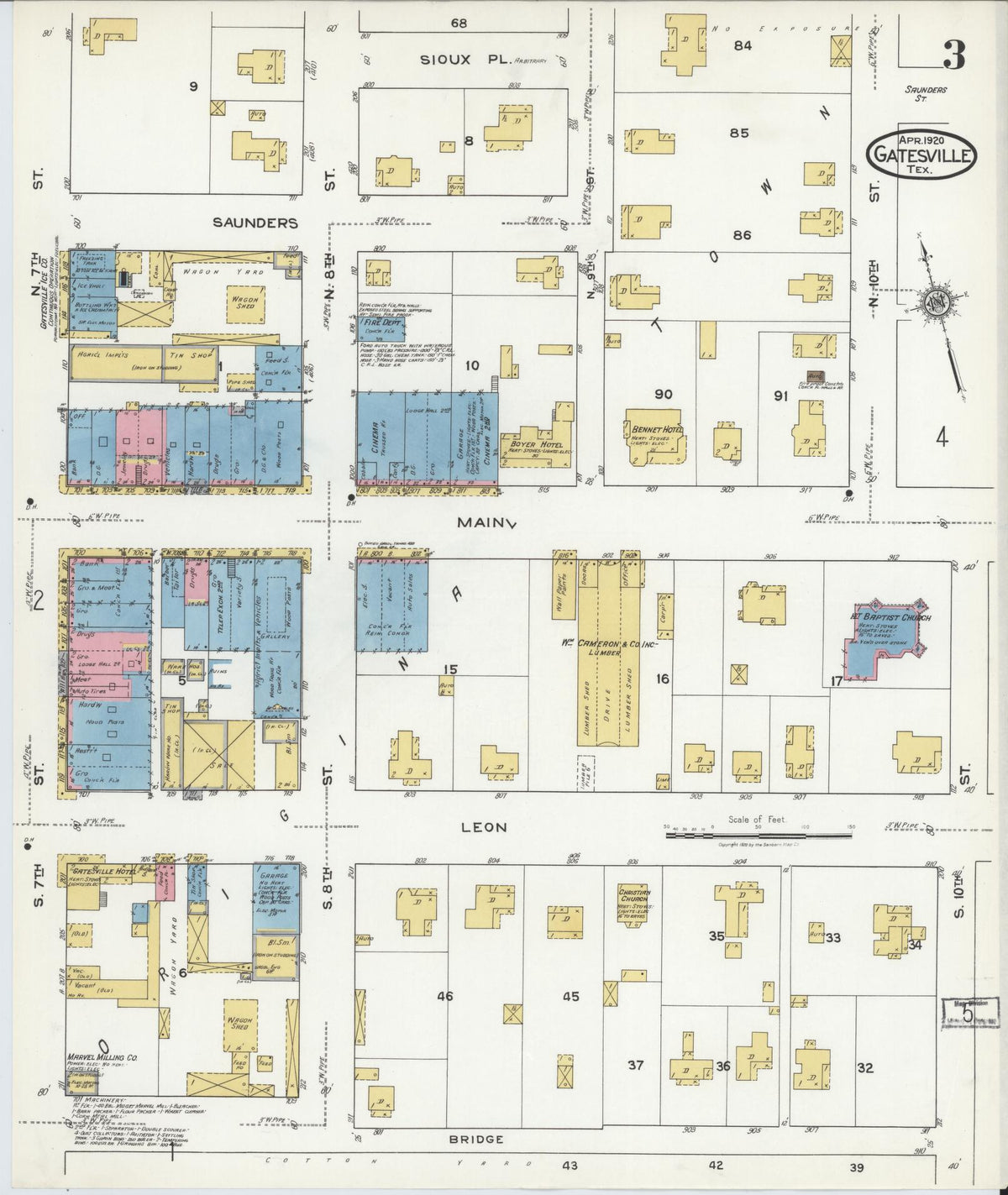 Sanborn Fire Insurance Map from Gatesville, Coryell County, Texas (1920), Sheet #0003 - Complete Map Set gallery image, historic Sanborn map, vintage wall art, Texas Texas