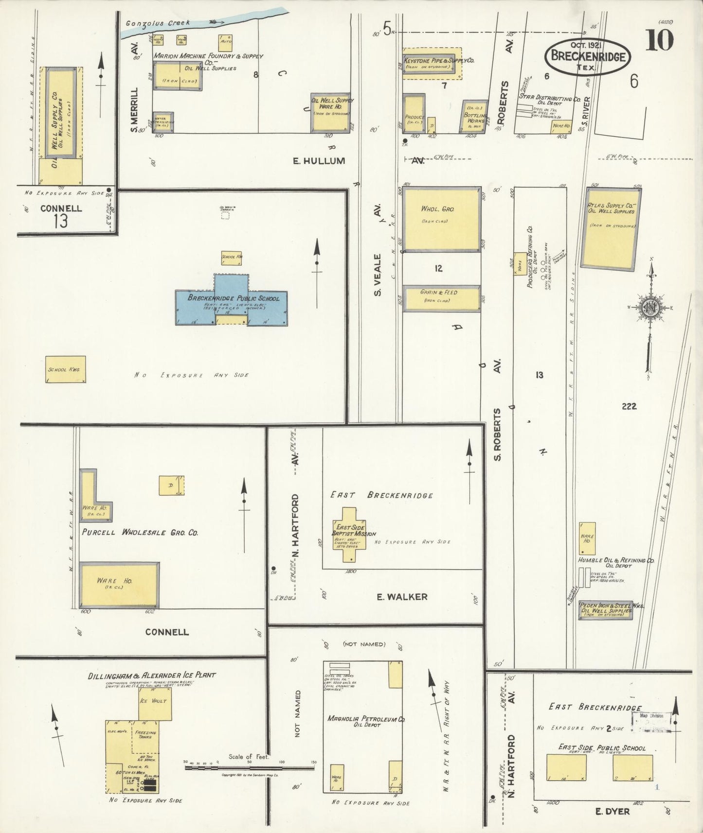 Sanborn Fire Insurance Map from Breckenridge, Stephens County, Texas (1921), Sheet #0010 - Historic Sanborn Fire Insurance Map Print, vintage old map wall art, antique decor, genealogy gift, Texas Texas map