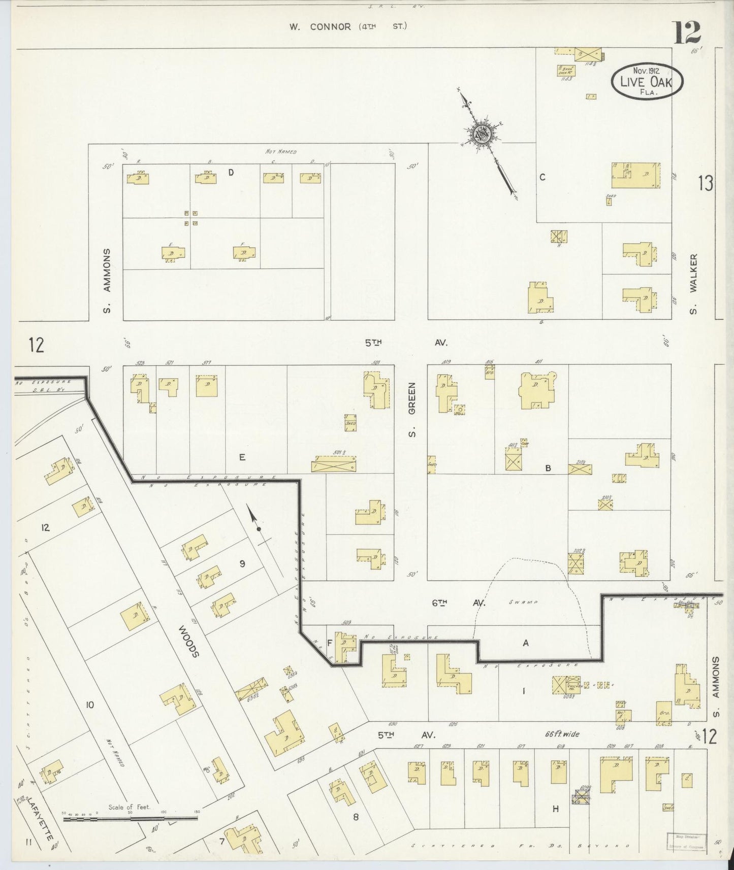 Sanborn Fire Insurance Map from Live Oak, Suwanee County, Florida (1912), Sheet #0012 - Complete Map Set gallery image, historic Sanborn map, vintage wall art, Florida Florida