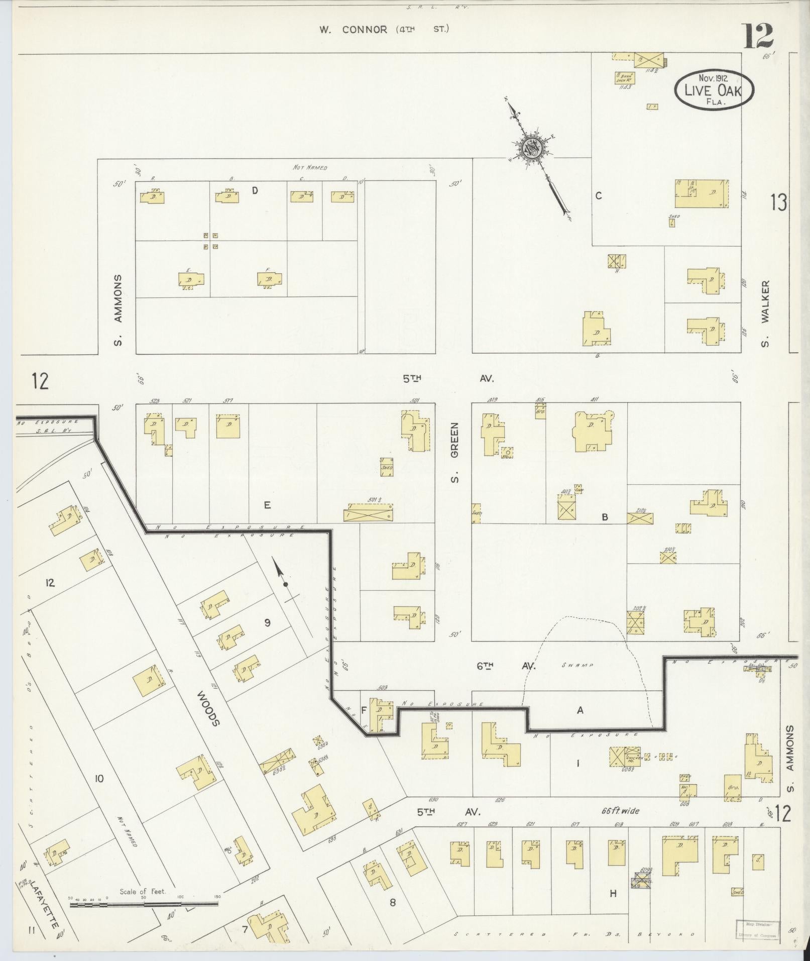 Sanborn Fire Insurance Map from Live Oak, Suwanee County, Florida (1912), Sheet #0012 - Complete Map Set gallery image, historic Sanborn map, vintage wall art, Florida Florida