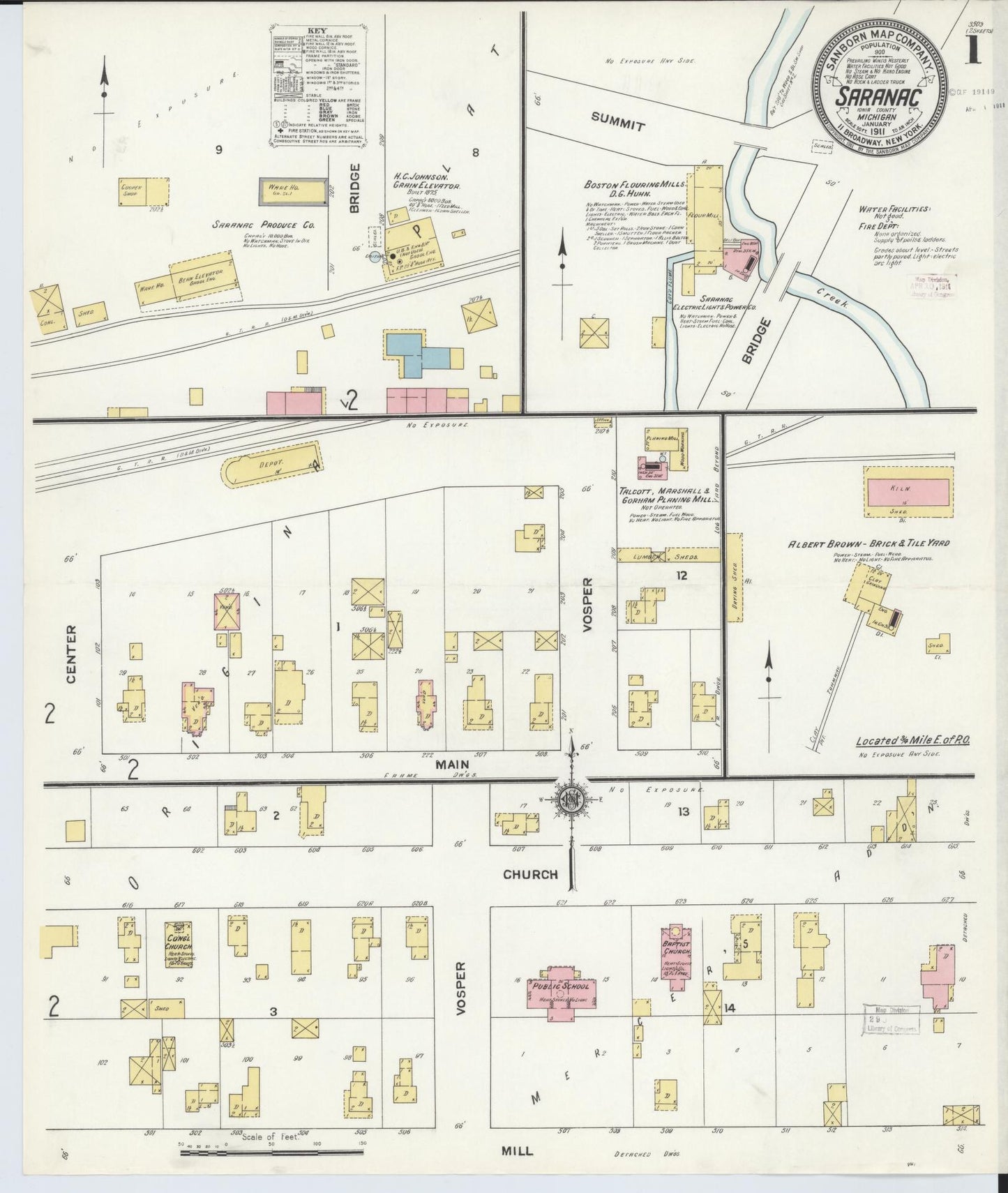 Sanborn Fire Insurance Map from Saranac, Ionia County, Michigan (1911), Sheet #0001 - Complete Map Set gallery image, historic Sanborn map, vintage wall art, Michigan Michigan