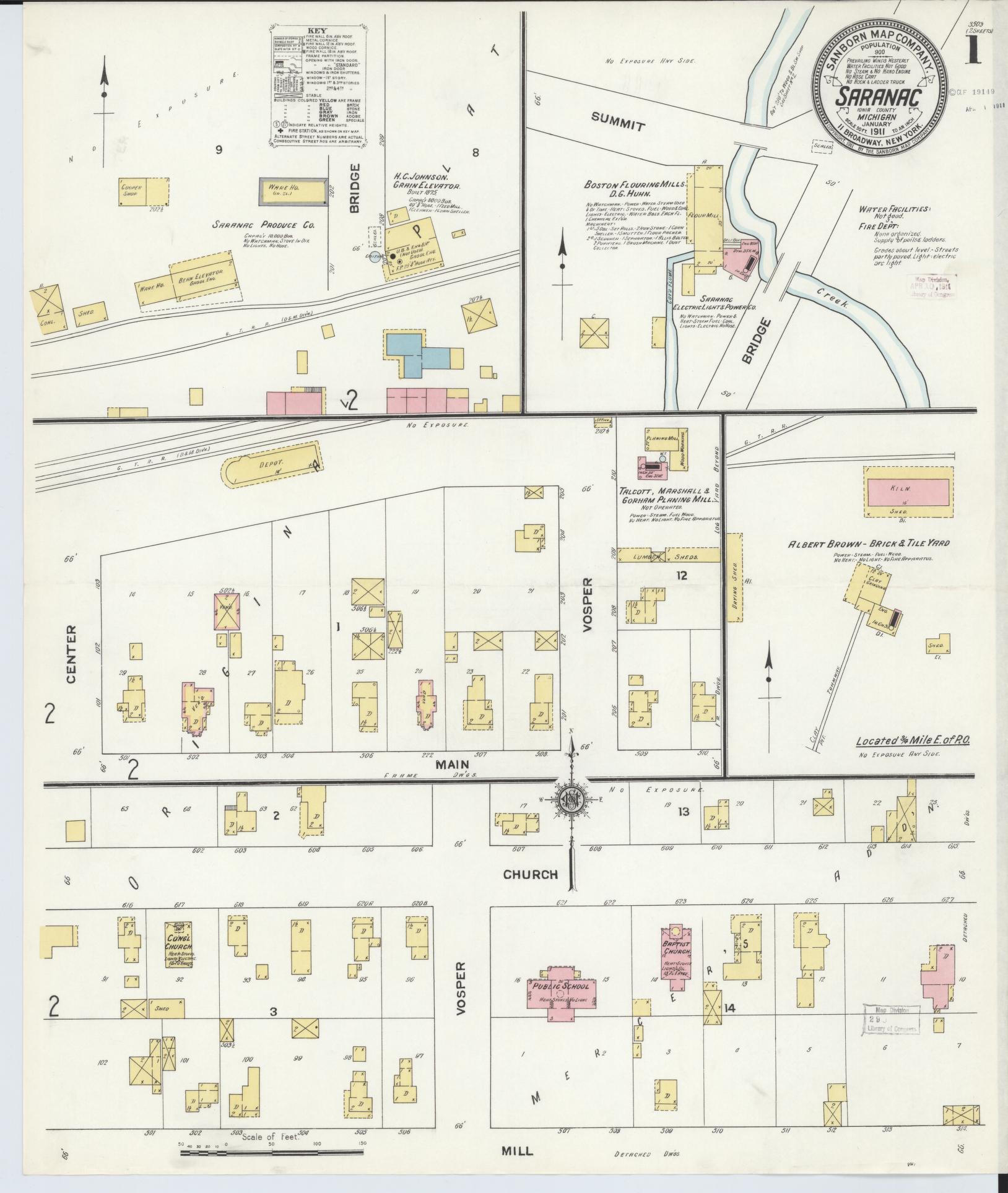 Sanborn Fire Insurance Map from Saranac, Ionia County, Michigan (1911), Sheet #0001 - Complete Map Set gallery image, historic Sanborn map, vintage wall art, Michigan Michigan