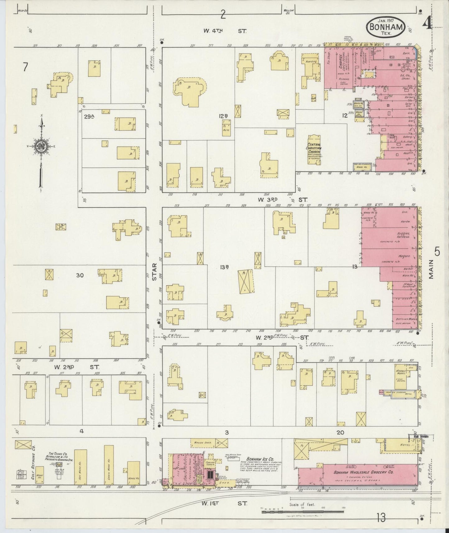 Sanborn Fire Insurance Map from Bonham, Fannin County, Texas (1917), Sheet #0004 - Historic Sanborn Fire Insurance Map Print, vintage old map wall art, antique decor, genealogy gift, Texas Texas map