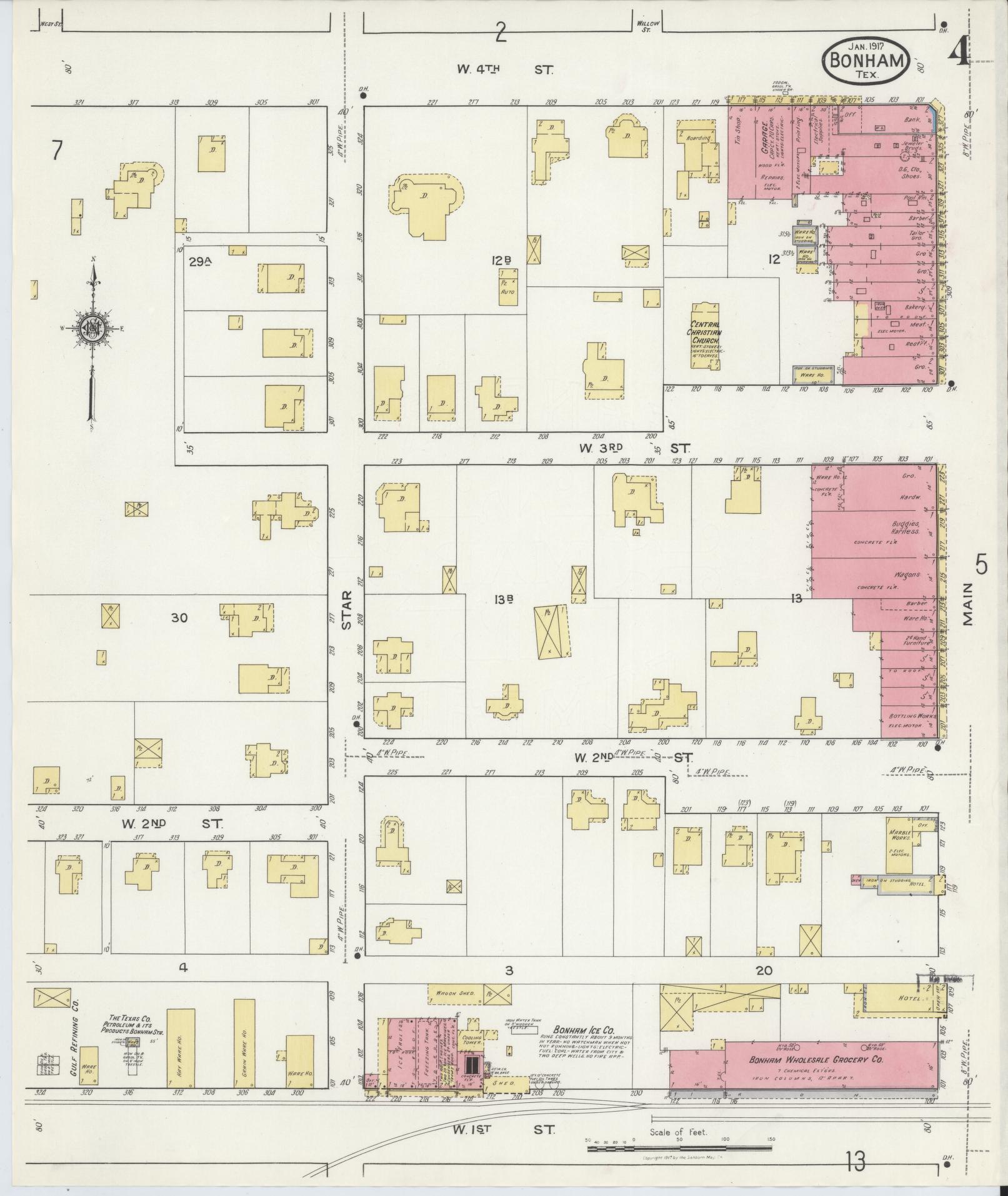 Sanborn Fire Insurance Map from Bonham, Fannin County, Texas (1917), Sheet #0004 - Historic Sanborn Fire Insurance Map Print, vintage old map wall art, antique decor, genealogy gift, Texas Texas map