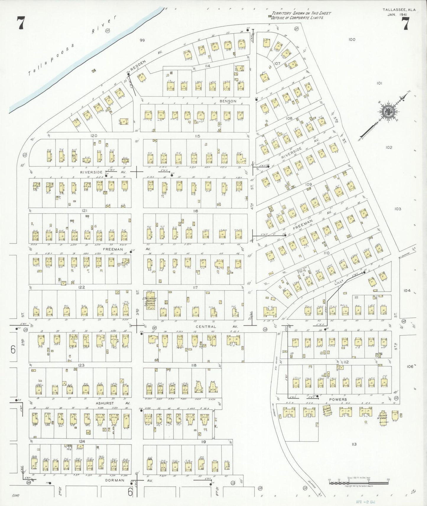Sanborn Fire Insurance Map from Tallassee, Elmore And Tallapoosa Counties, Alabama (1941), Sheet #0007 - Complete Map Set gallery image, historic Sanborn map, vintage wall art, Alabama Alabama
