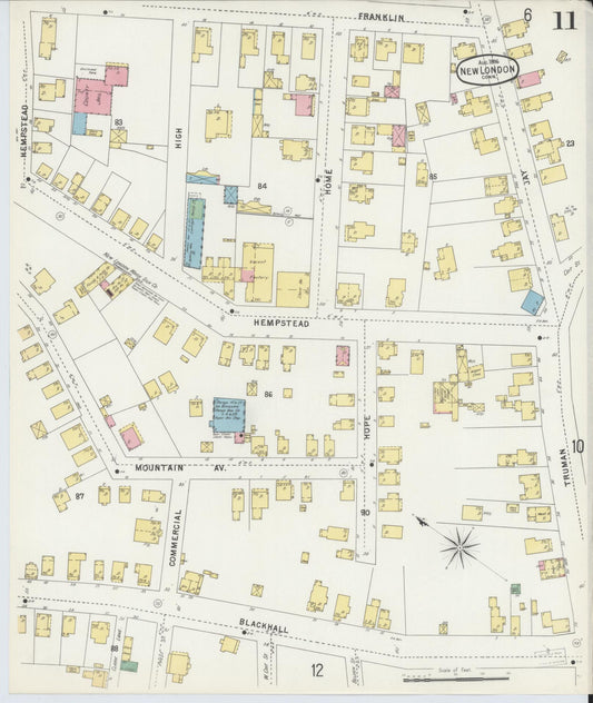 Sanborn Fire Insurance Map from New London, New London County, Connecticut (1896), Sheet #0011 - Historic Sanborn Fire Insurance Map Print, vintage old map wall art, antique decor, genealogy gift, Connecticut Connecticut map