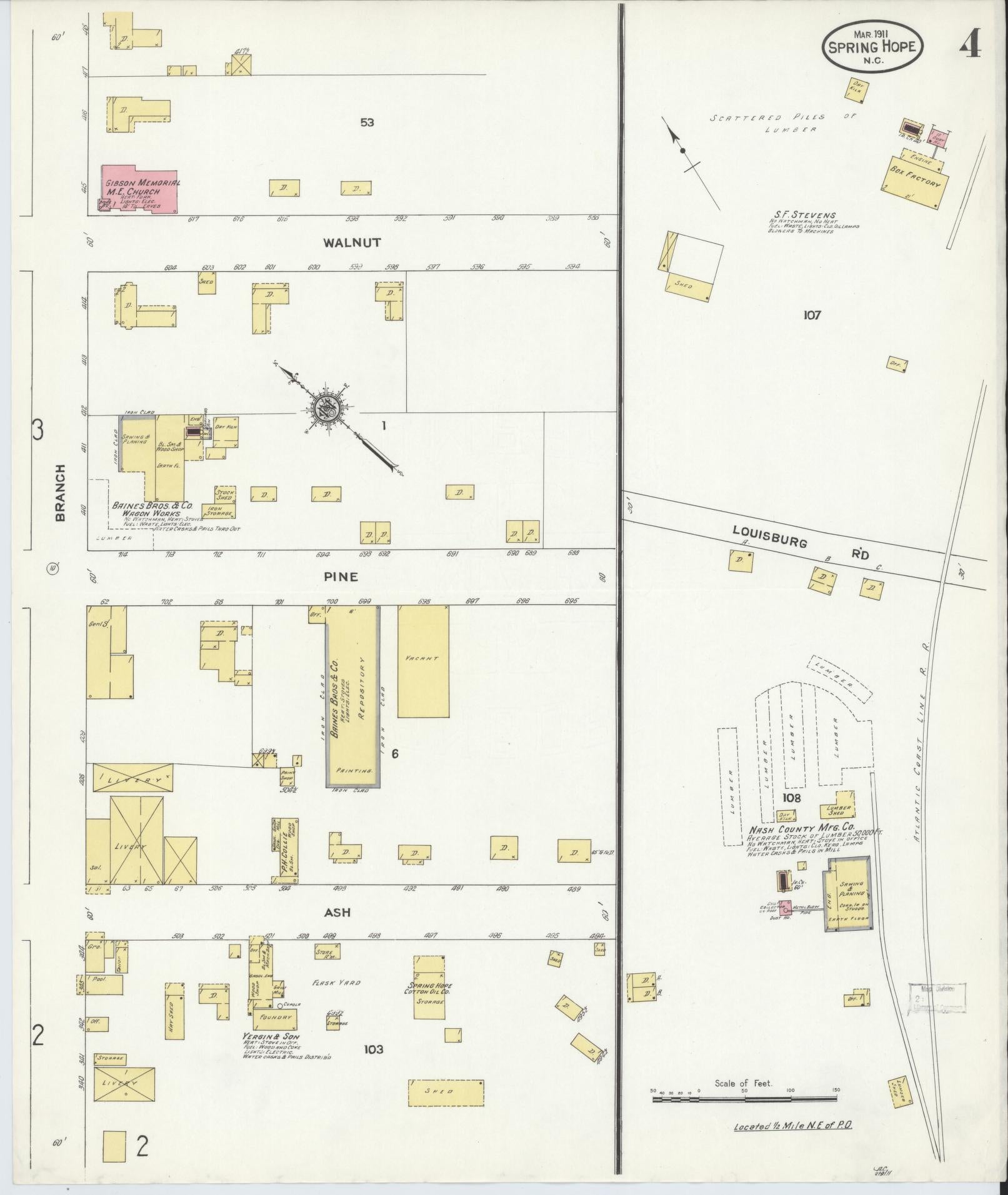 Sanborn Fire Insurance Map from Spring Hope, Nash County, North Carolina (1911), Sheet #0004 - Complete Map Set gallery image, historic Sanborn map, vintage wall art, North Carolina North Carolina
