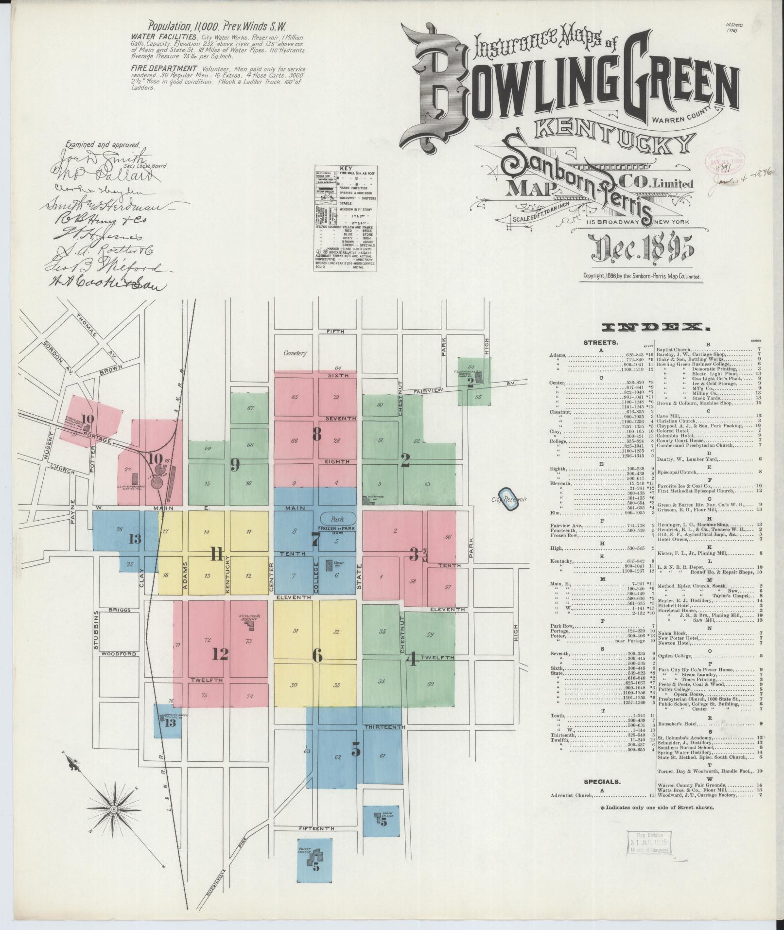 Sanborn Fire Insurance Map from Bowling Green, Warren County, Kentucky (1895), Sheet #0001 - Historic Sanborn Fire Insurance Map Print, vintage old map wall art, antique decor, genealogy gift, Kentucky Kentucky map
