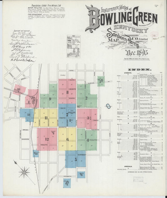 Sanborn Fire Insurance Map from Bowling Green, Warren County, Kentucky (1895), Sheet #0001 - Historic Sanborn Fire Insurance Map Print, vintage old map wall art, antique decor, genealogy gift, Kentucky Kentucky map