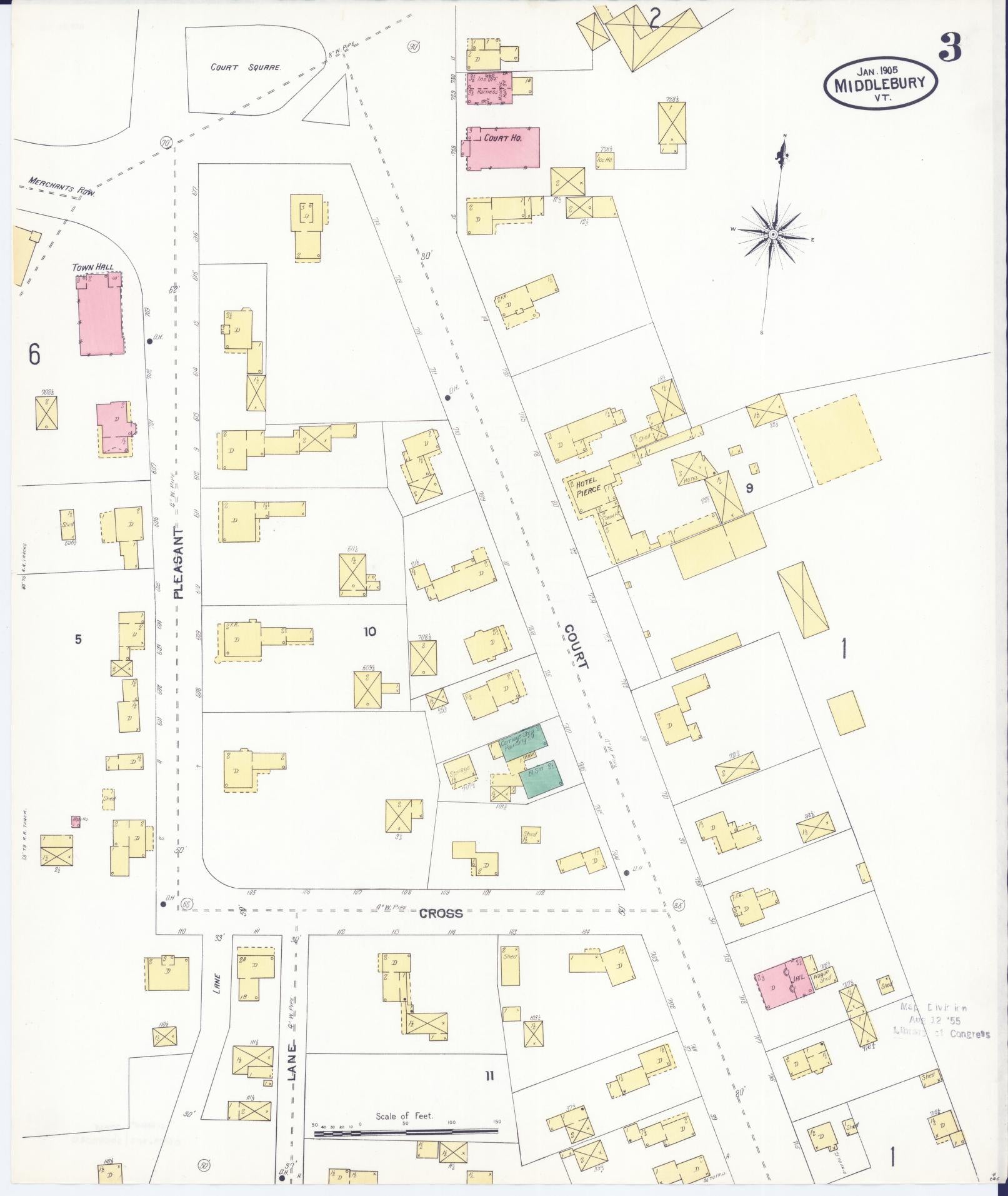 Sanborn Fire Insurance Map from Middlebury, Addison County, Vermont (1905), Sheet #0003 - Historic Sanborn Fire Insurance Map Print, vintage old map wall art, antique decor, genealogy gift, Vermont Vermont map