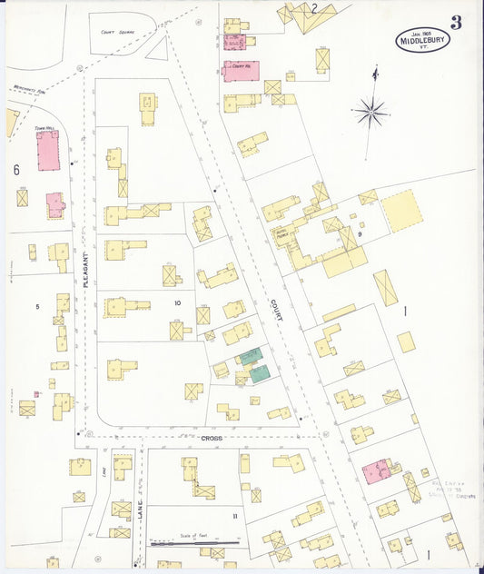 Sanborn Fire Insurance Map from Middlebury, Addison County, Vermont (1905), Sheet #0003 - Historic Sanborn Fire Insurance Map Print, vintage old map wall art, antique decor, genealogy gift, Vermont Vermont map