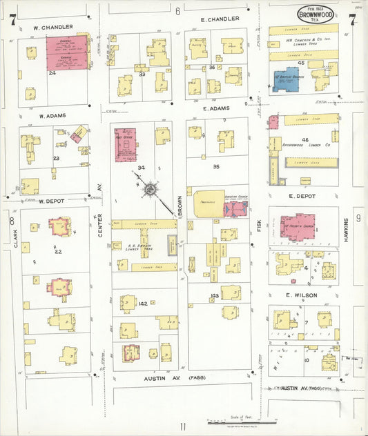 Sanborn Fire Insurance Map from Brownwood, Brown County, Texas (1923), Sheet #0007 - Historic Sanborn Fire Insurance Map Print, vintage old map wall art, antique decor, genealogy gift, Texas Texas map