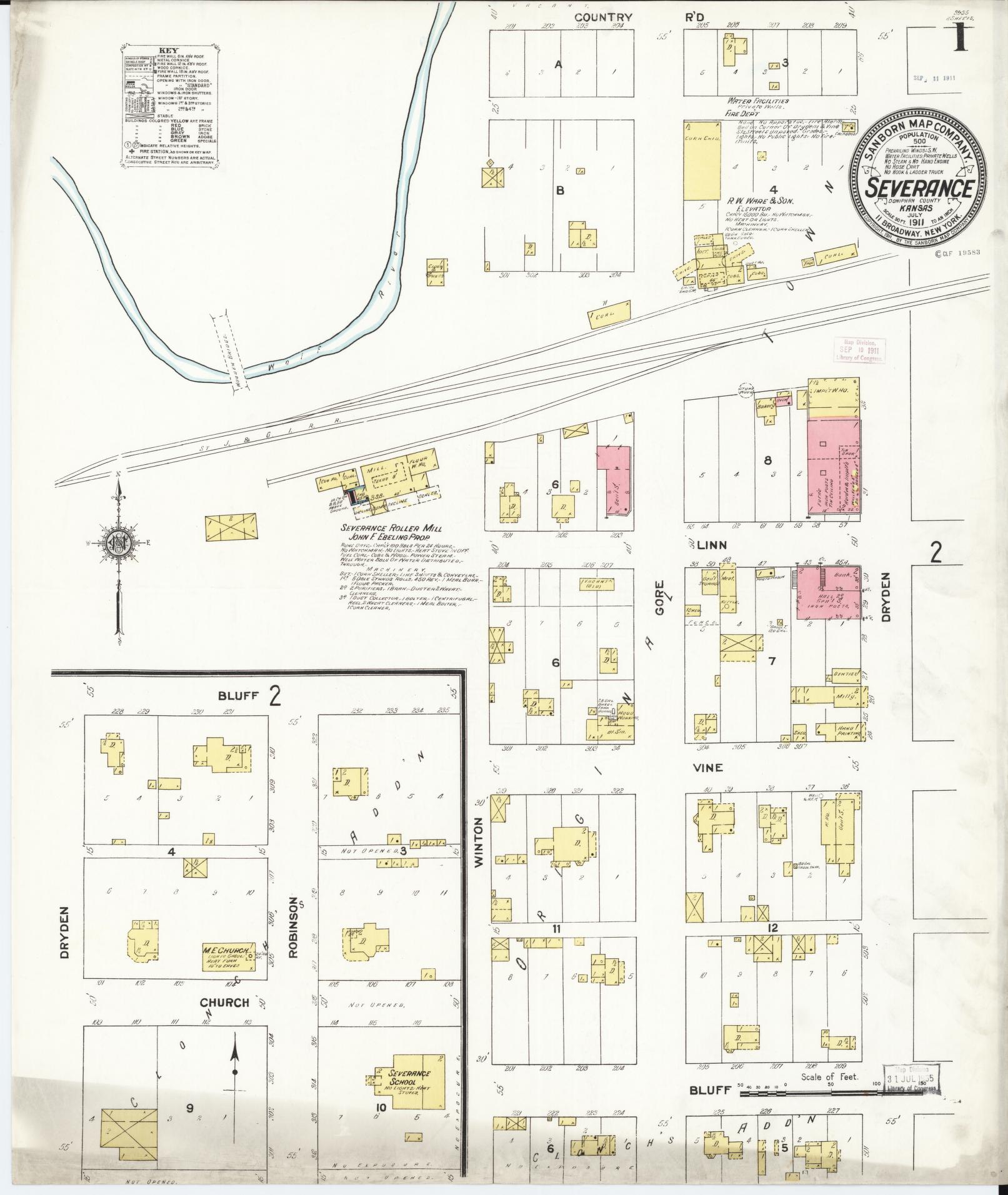Sanborn Fire Insurance Map from Severance, Doniphan County, Kansas (1911), Sheet #0001 - Complete Map Set gallery image, historic Sanborn map, vintage wall art, Kansas Kansas