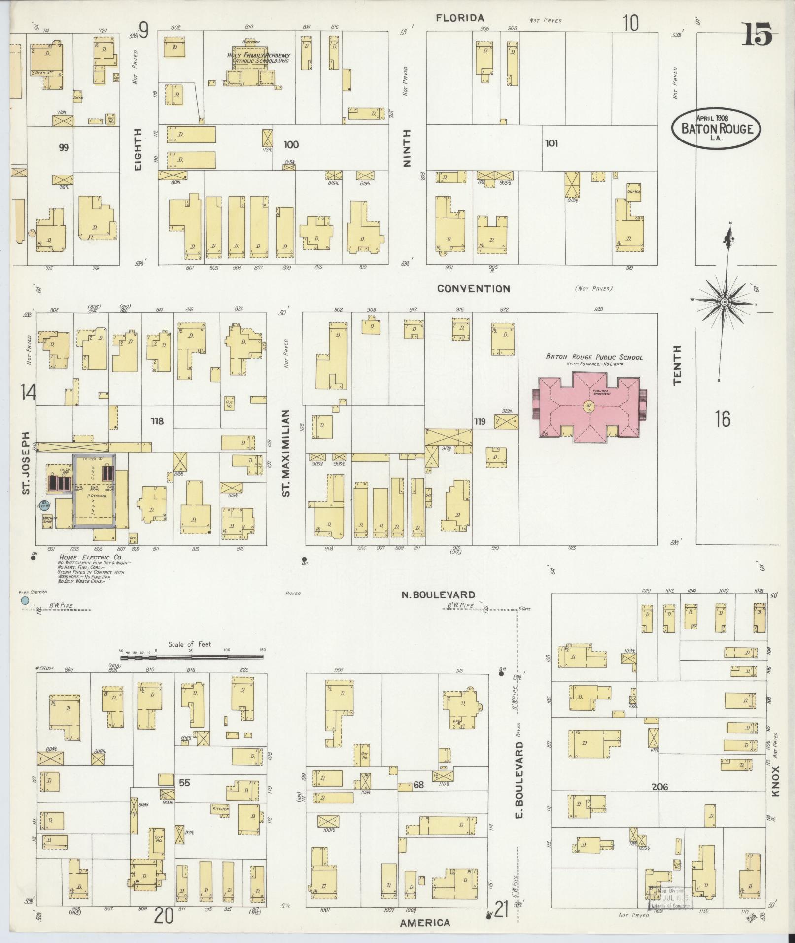 Sanborn Fire Insurance Map from Baton Rouge, East Baton Rouge Parish, Louisiana (1908), Sheet #0015 - Historic Sanborn Fire Insurance Map Print, vintage old map wall art, antique decor, genealogy gift, Louisiana Louisiana map