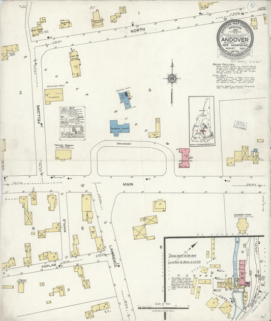 Sanborn Fire Insurance Map from Andover, Merrimack County, New Hampshire (1923), Sheet #0001 - Historic Sanborn Fire Insurance Map Print, vintage old map wall art, antique decor, genealogy gift, New Hampshire New Hampshire map