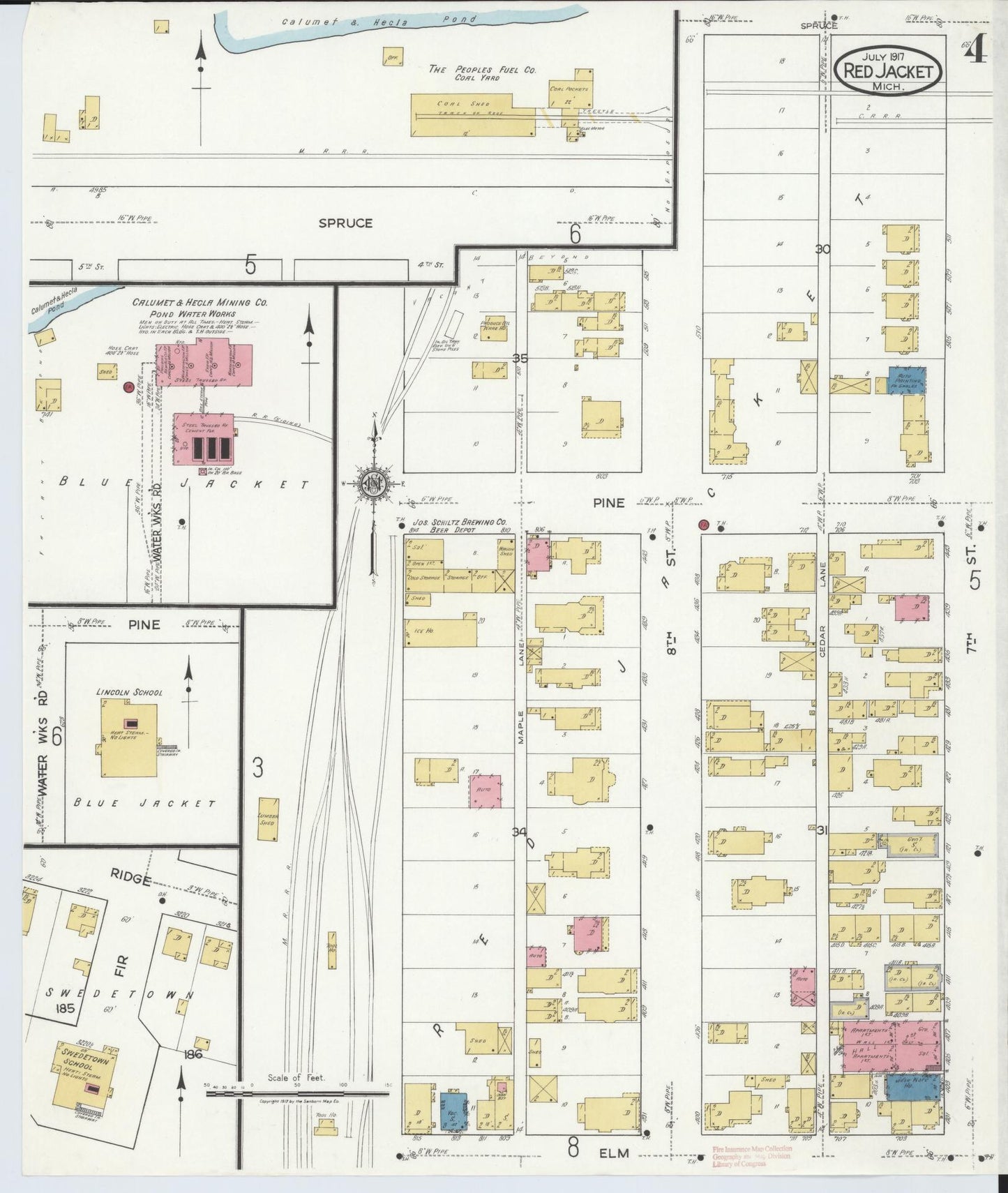 Sanborn Fire Insurance Map from Red Jacket, Houghton County, Michigan (1917), Sheet #0004 - Complete Map Set gallery image, historic Sanborn map, vintage wall art, Michigan Michigan