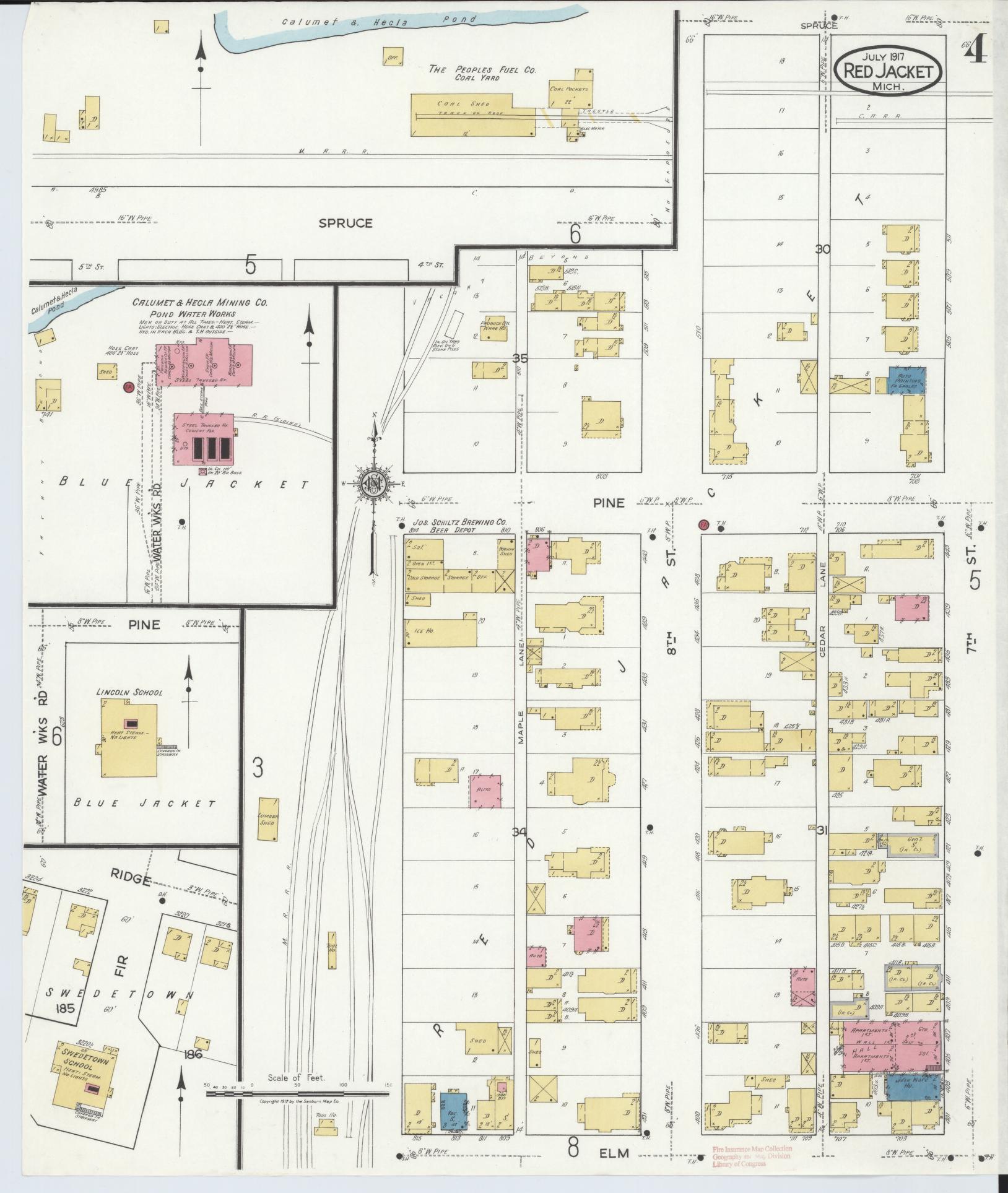 Sanborn Fire Insurance Map from Red Jacket, Houghton County, Michigan (1917), Sheet #0004 - Complete Map Set gallery image, historic Sanborn map, vintage wall art, Michigan Michigan