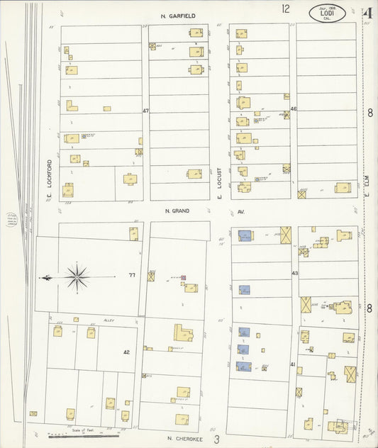 Sanborn Fire Insurance Map from Lodi, San Joaquin County, California (1908), Sheet #0004 - Historic Sanborn Fire Insurance Map Print, vintage old map wall art, antique decor, genealogy gift, California California map