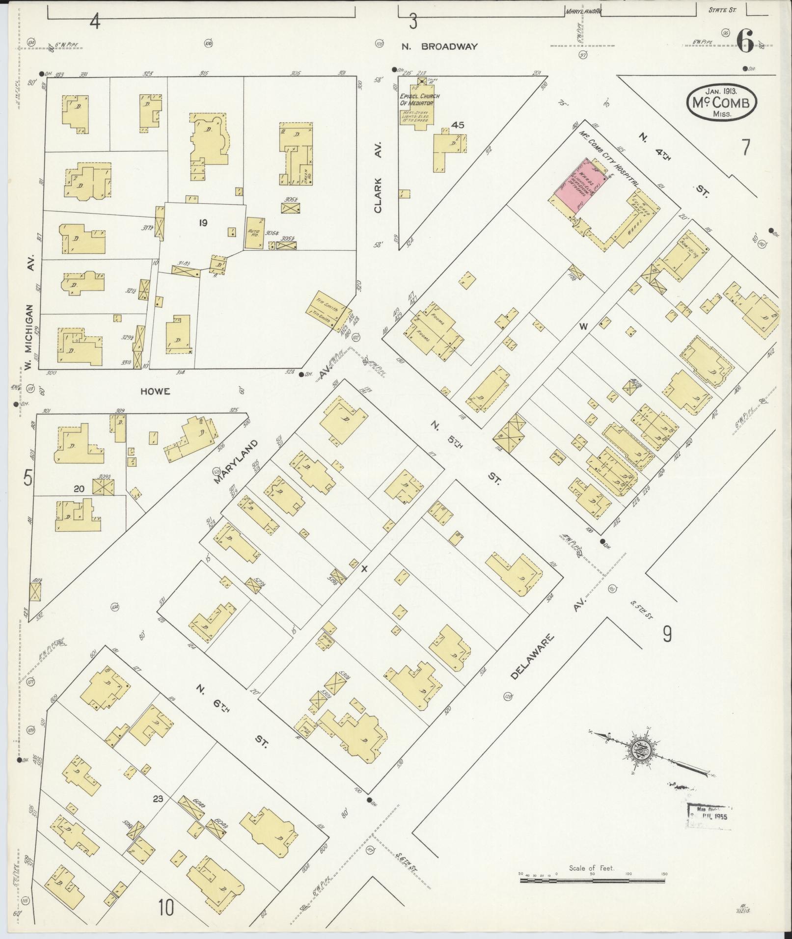 Sanborn Fire Insurance Map from McComb, Pike County, Mississippi (1913), Sheet #0006 - Complete Map Set gallery image, historic Sanborn map, vintage wall art, Mississippi Mississippi