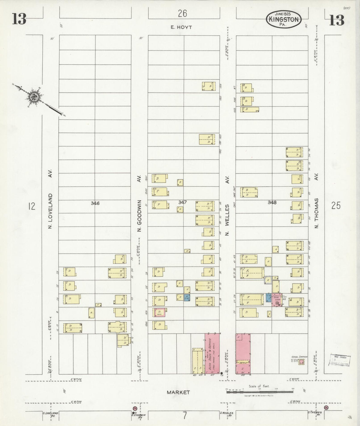 Sanborn Fire Insurance Map from Kingston, Luzerne County, Pennsylvania (1925), Sheet #0013 - Historic Sanborn Fire Insurance Map Print, vintage old map wall art, antique decor, genealogy gift, Pennsylvania Pennsylvania map