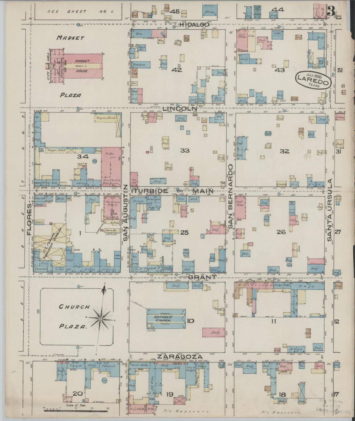 Sanborn Fire Insurance Map from Laredo, Webb County, Texas (1885), Sheet #0003 - Complete Map Set gallery image, historic Sanborn map, vintage wall art, Texas Texas