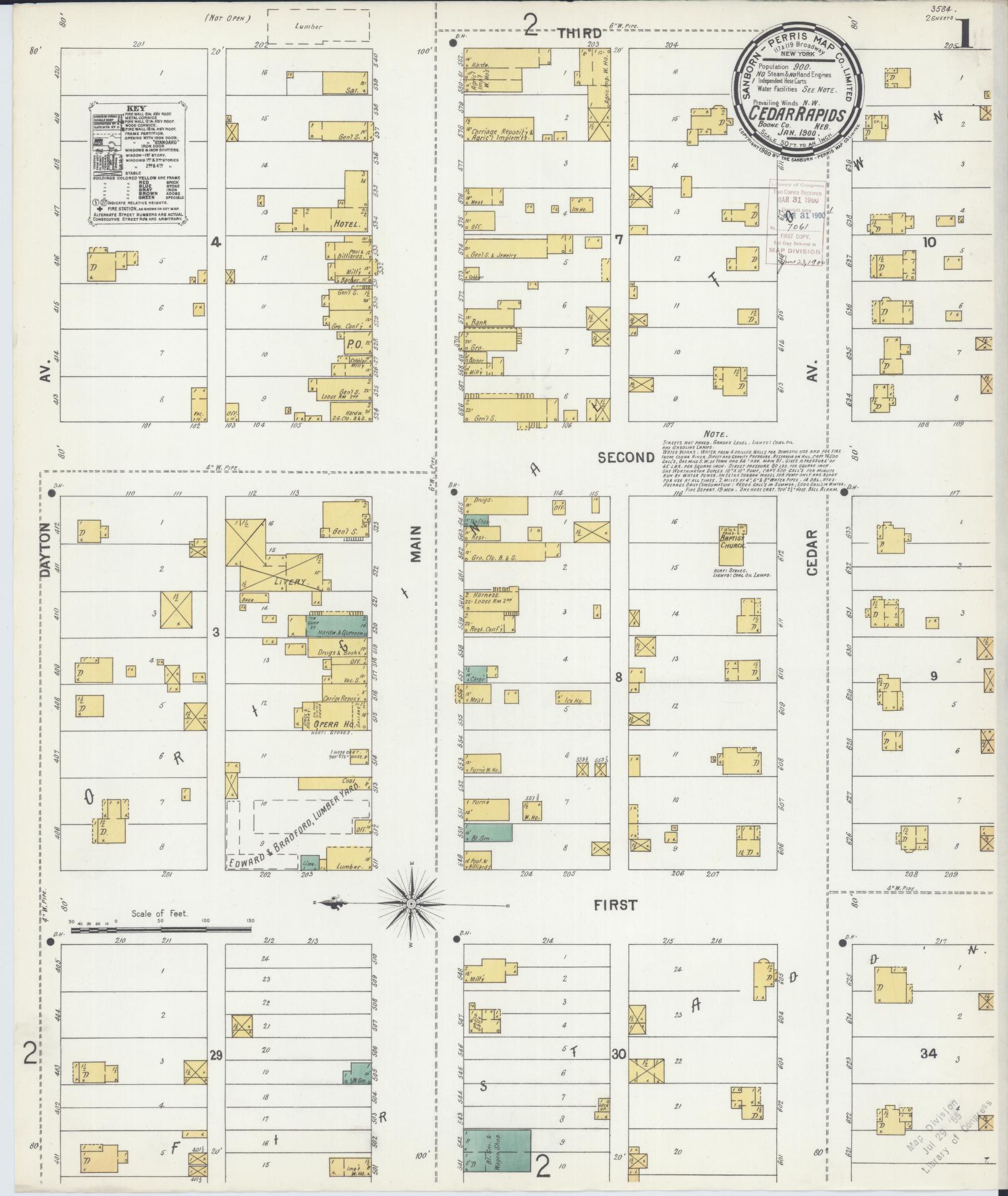 Sanborn Fire Insurance Map from Cedar Rapids, Boone County, Nebraska (1900), Sheet #0001 - Historic Sanborn Fire Insurance Map Print, vintage old map wall art, antique decor, genealogy gift, Nebraska Nebraska map