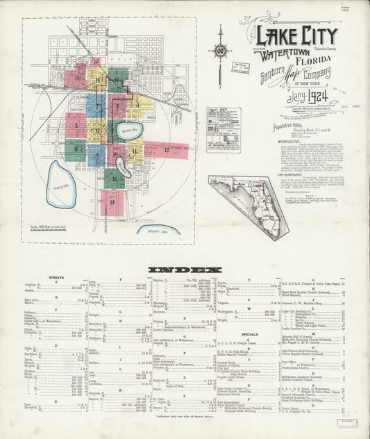 Sanborn Fire Insurance Map from Lake City, Columbia County, Florida (1924), Sheet #0001 - Historic Sanborn Fire Insurance Map Print, vintage old map wall art, antique decor, genealogy gift, Florida Florida map