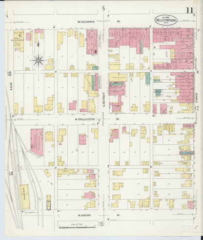 Sanborn Fire Insurance Map from Bellefontaine, Logan County, Ohio (1907), Sheet #0011 - Historic Sanborn Fire Insurance Map Print, vintage old map wall art, antique decor, genealogy gift, Ohio Ohio map