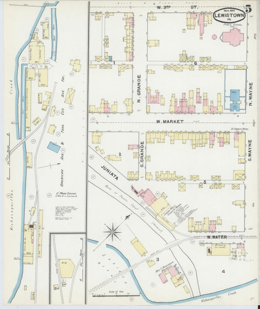 Sanborn Fire Insurance Map from Lewistown, Mifflin County, Pennsylvania (1891), Sheet #0005 - Historic Sanborn Fire Insurance Map Print, vintage old map wall art, antique decor, genealogy gift, Pennsylvania Pennsylvania map