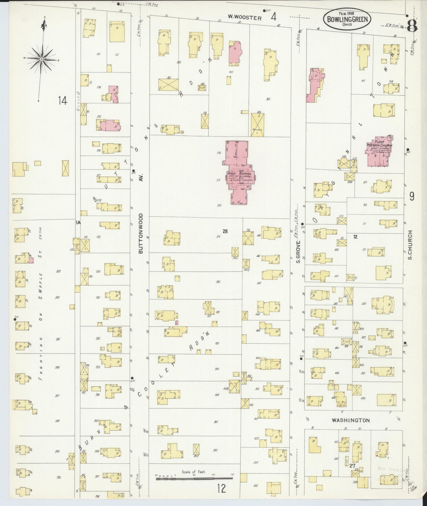 Sanborn Fire Insurance Map from Bowling Green, Wood County, Ohio (1908), Sheet #0008 - Complete Map Set gallery image, historic Sanborn map, vintage wall art, Ohio Ohio