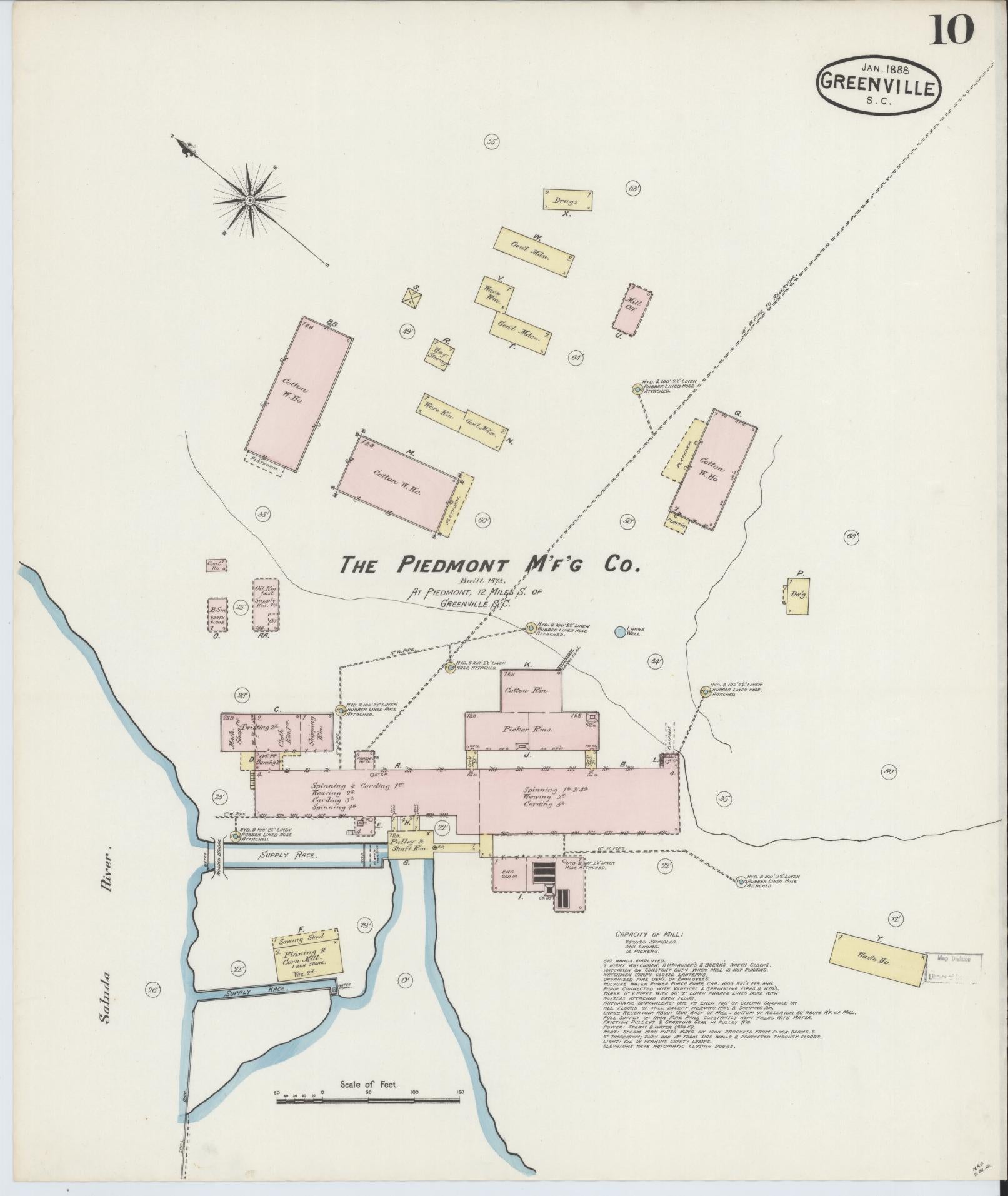 Sanborn Fire Insurance Map from Greenville, Greenville County, South Carolina (1888), Sheet #0010 - Historic Sanborn Fire Insurance Map Print, vintage old map wall art, antique decor, genealogy gift, South Carolina South Carolina map