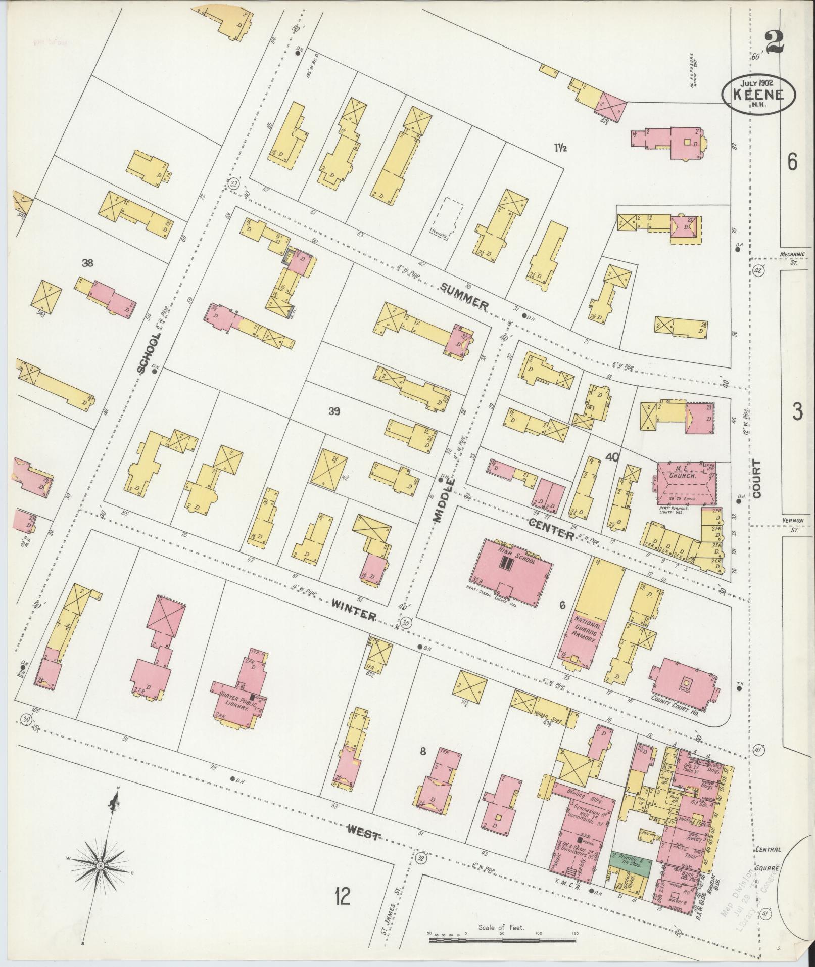 Sanborn Fire Insurance Map from Keene, Cheshire County, New Hampshire (1902), Sheet #0002 - Historic Sanborn Fire Insurance Map Print, vintage old map wall art, antique decor, genealogy gift, New Hampshire New Hampshire map