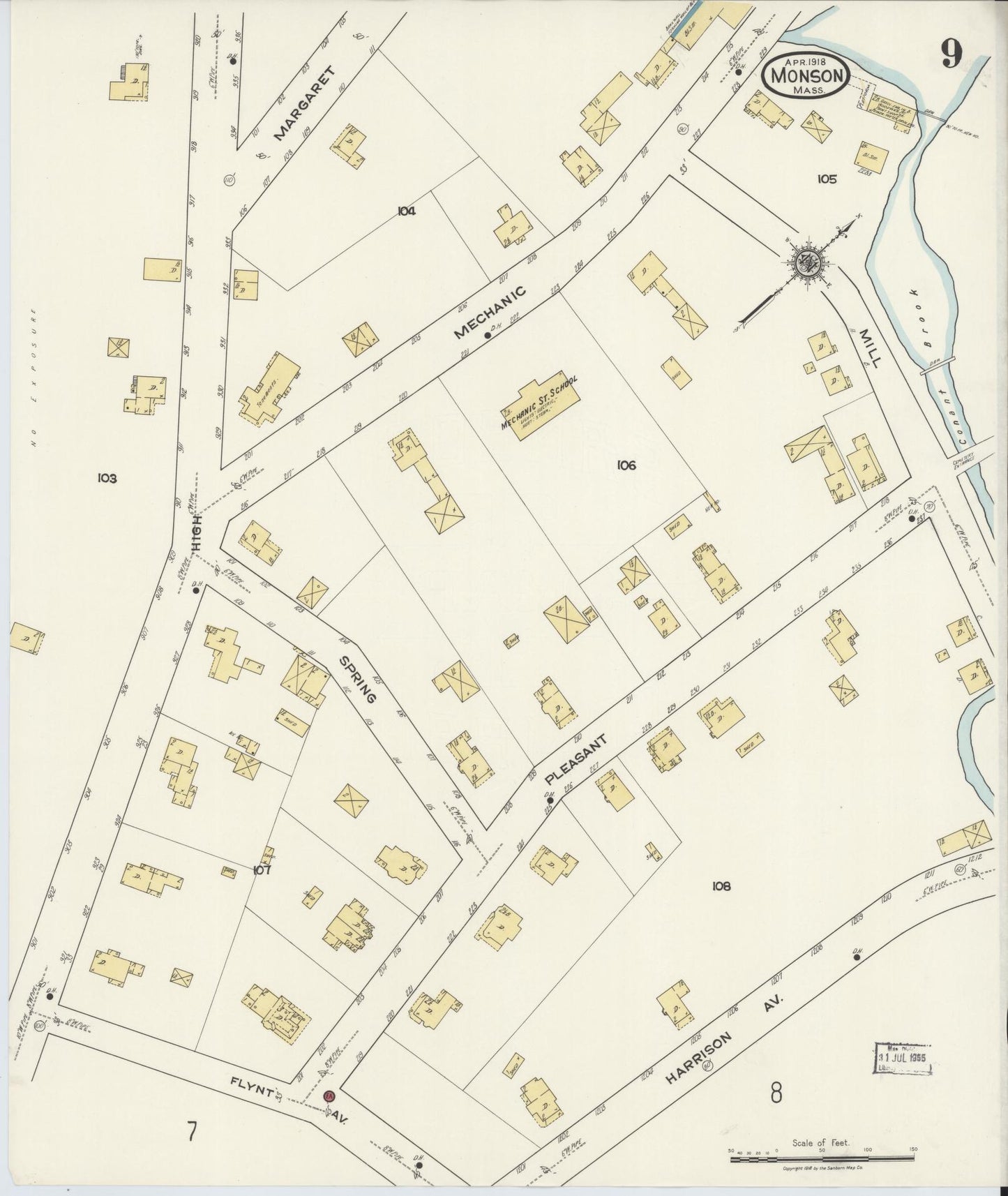 Sanborn Fire Insurance Map from Monson, Hampden County, Massachusetts (1918), Sheet #0009 - Complete Map Set gallery image, historic Sanborn map, vintage wall art, Massachusetts Massachusetts
